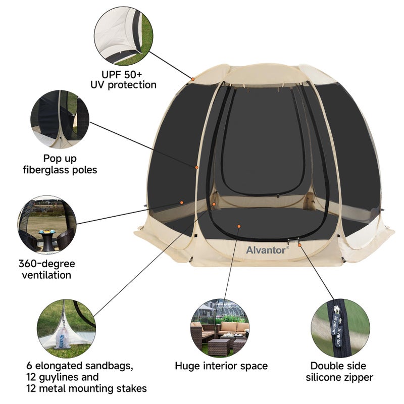 AlvantorÂ® Screen House Room Camping Tent Outdoor Canopy Pop Up Sun Shade Hexagon Shelter Mesh Walls Not Waterproof 10'x10' Beige Patent Pending - Image 4